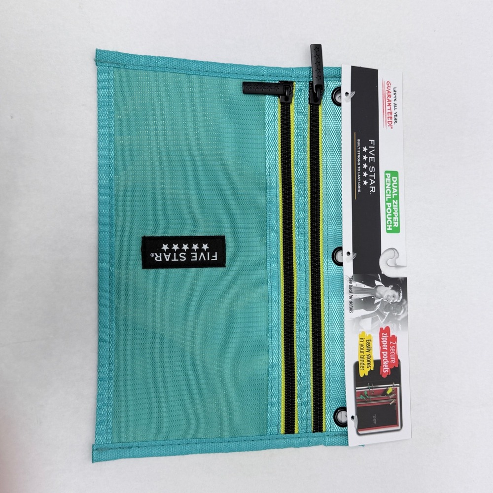 Five Star Dual Zipper Pencil Pouch Teal Mesh 3 Ring Binder Case  NEW